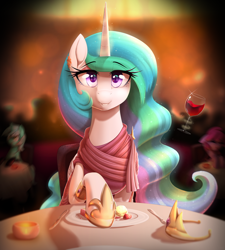 Size: 2700x3000 | Tagged: safe, artist:thebatfang, berry punch, berryshine, lyra heartstrings, princess celestia, alicorn, earth pony, pony, unicorn, g4, alcohol, cake, clothes, crown, cute, cutelestia, date, dinner, dress, eye clipping through hair, eye reflection, eyebrows, eyebrows visible through hair, female, food, glass, glowing, glowing horn, grin, high res, horn, jewelry, levitation, looking at you, magic, magic aura, mare, offscreen character, pov, red wine, reflection, regalia, restaurant, smiling, smiling at you, solo focus, telekinesis, wine, wine glass