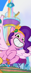 Size: 506x1192 | Tagged: safe, pipp petals, pegasus, pony, g5, my little pony: tell your tale, cropped, crystal brighthouse, female, grin, lighthouse, lighthouse of friendship, looking at you, mare, needs more jpeg, prisbeam, smiling, smiling at you, solo focus, teeth, unshorn fetlocks