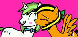 Size: 752x357 | Tagged: safe, artist:lekonar13, oc, oc only, oc:lekonar, oc:minty root, pegasus, pony, unicorn, bow, bowtie, duo, hair bow, kissing, oc x oc, rule 63, shipping