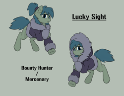 Size: 3993x3087 | Tagged: safe, artist:sneetymist, oc, oc only, oc:lucky sight, earth pony, pony, blank flank, bottomless, bounty hunter, clothes, female, fluffy, fur coat, fur collar, high res, jacket, leg fluff, mare, mercenary, parka, partial nudity, ponytail, simple background, unamused, winter outfit