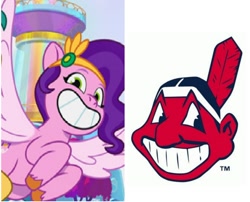 Size: 1496x1208 | Tagged: safe, edit, pipp petals, pegasus, pony, g5, my little pony: tell your tale, chief wahoo, cleveland indians, comparison, laughing, mlb, op is a duck, op is trying to start shit, separated at birth