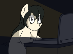 Size: 770x568 | Tagged: safe, artist:str8aura-draws-horses-and-stuff, oc, oc:floor bored, twilight sparkle's secret shipfic folder, caught, computer, dark room, laptop computer, lit up, messy mane, shocked, shocked expression