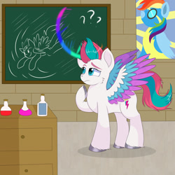 Size: 1920x1921 | Tagged: safe, artist:rainbowtashie, rainbow dash, zipp storm, pegasus, pony, g5, my little pony: a new generation, chalkboard, commission, female, hoof on chin, mare, puzzled, question mark, solo, sonic rainboom, spread wings, thinking, wings, wonderbolts poster