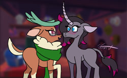 Size: 1024x636 | Tagged: safe, artist:ma5teroftheuniv3rse, cashmere (tfh), oleander (tfh), deer, pony, reindeer, unicorn, them's fightin' herds, blushing, cap'n'cash's, cashleander, clothes, coat markings, community related, curved horn, facial markings, female, flirting, glasses, heart eyes, horn, lesbian, not sure if want, scarf, shipping, star (coat marking), wingding eyes