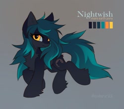 Size: 1280x1127 | Tagged: safe, artist:hioshiru, oc, oc only, oc:nightwish, earth pony, pony, chest fluff, colored ears, earth pony oc, female, gradient background, hoof fluff, looking at you, mare, pale belly, reference sheet, solo, tail, trotting, two toned mane, two toned tail