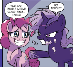 Size: 579x533 | Tagged: safe, idw, pinkie pie, violet shiver, earth pony, pony, g4, generations #2, my little pony: generations, angry, comic, cropped, grin, nervous, nervous smile, smiling, speech bubble