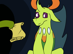 Size: 770x568 | Tagged: safe, artist:str8aura-draws-horses-and-stuff, ocellus, thorax, changedling, changeling, twilight sparkle's secret shipfic folder, g4, holding, king thorax, offscreen character, scroll, throne
