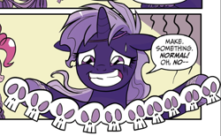 Size: 760x469 | Tagged: safe, idw, violet shiver, pony, g4, generations #3, my little pony: generations, comic, cropped, grin, nervous, nervous smile, paper, skull, smiling, solo, speech bubble