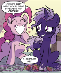 Size: 642x763 | Tagged: safe, idw, pinkie pie, violet shiver, earth pony, pony, unicorn, g4, my little pony: generations, ^^, big grin, blushing, comic, dialogue, duo, duo female, eyes closed, female, grin, horn, mare, palindrome get, smiling, speech bubble