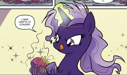 Size: 958x572 | Tagged: safe, idw, violet shiver, pony, g4, my little pony: generations, comic, cropped, glowing, glowing horn, horn, magic, solo, speech bubble, tongue out