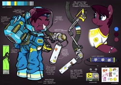 Size: 3746x2644 | Tagged: oc name needed, safe, artist:selenophile, oc, oc only, earth pony, pony, adoptable, dosimeter, ear piercing, earring, female, gradient background, hazmat suit, headband, high res, jewelry, piercing, reference sheet, robotic arm, smiling, solo