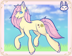 Size: 4500x3500 | Tagged: safe, artist:nightraven393, oc, oc only, earth pony, pony, cloud, colored pupils, cute, day, ear fluff, eyebrows, eyebrows visible through hair, eyelashes, female, full body, grass, high res, looking at you, mare, nature, nightraven393, not fluttershy, open mouth, open smile, outdoors, signature, sky, smiling, smiling at you, solo, unshorn fetlocks, wingding eyes