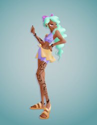 Size: 4000x5142 | Tagged: safe, artist:windywendy29, flitter, human, g4, anklet, armpits, bare shoulders, belly button, blue background, bow, bracelet, clothes, commission, dark skin, ear piercing, earring, feet, female, hair bow, humanized, jewelry, midriff, nail polish, piercing, sandals, shorts, simple background, sleeveless, smug, solo, sports bra, sports shorts, tattoo, toenail polish