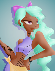 Size: 4000x5142 | Tagged: safe, artist:windywendy29, flitter, human, g4, anklet, armpits, belly button, blue background, bow, bracelet, clothes, commission, dark skin, ear piercing, earring, female, hair bow, humanized, jewelry, midriff, piercing, shorts, simple background, smug, solo, sports bra, sports shorts, tattoo