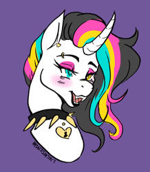 Size: 2216x2536 | Tagged: safe, artist:liechisenshi, oc, oc only, oc:printer jam, pony, unicorn, bust, collar, curved horn, eyeshadow, fangs, female, heterochromia, high res, horn, lidded eyes, makeup, mare, open mouth, purple background, scene, signature, simple background, solo, spiked collar, unicorn oc