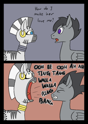 Size: 1000x1414 | Tagged: safe, artist:happy harvey, zecora, pegasus, pony, zebra, g4, 2 panel comic, cartoon physics, cartoons (band), colored pupils, comic, drawthread, ear piercing, earring, female, jewelry, loud, male, mare, meme, neck rings, open mouth, phone drawing, piercing, song reference, stallion, witch doctor (song)