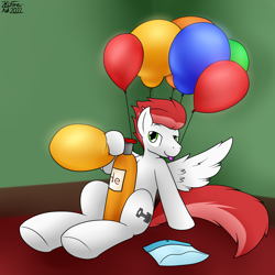 Size: 2556x2560 | Tagged: safe, artist:the-furry-railfan, oc, oc only, oc:swift apex, pegasus, pony, balloon, balloon package, blowing up balloons, helium tank, high res, inflation, looking at you, male, sitting, solo, spread wings, stallion, sultry pose, tongue out, wings