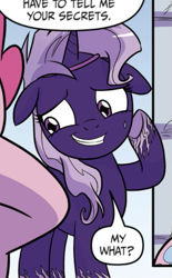 Size: 335x540 | Tagged: safe, idw, violet shiver, pony, g4, my little pony: generations, comic, cropped, floppy ears, grin, nervous, nervous smile, offscreen character, smiling, solo focus, speech bubble, sweat