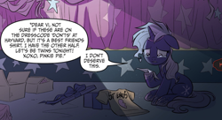 Size: 1014x552 | Tagged: safe, idw, violet shiver, pony, unicorn, g4, my little pony: generations, clothes, comic, cropped, crying, floppy ears, guilty, sad, shirt, sitting, solo, speech bubble, teary eyes