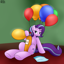 Size: 2556x2560 | Tagged: safe, artist:the-furry-railfan, starlight glimmer, pony, unicorn, g4, balloon, balloon package, blowing up balloons, female, grin, helium tank, high res, inflation, looking at you, mare, sitting, smiling, solo, starlooner glimmer, sultry pose