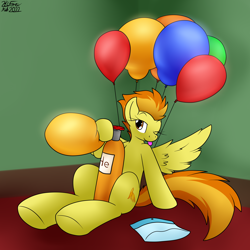 Size: 2556x2560 | Tagged: safe, artist:the-furry-railfan, spitfire, pegasus, pony, g4, balloon, balloon package, blowing up balloons, female, helium tank, high res, inflation, mare, one eye closed, sitting, solo, tongue out, wink