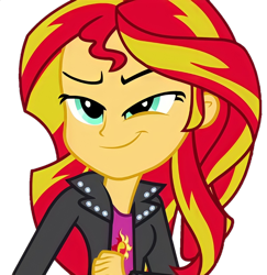 Size: 1202x1236 | Tagged: safe, edit, edited screencap, screencap, sunset shimmer, equestria girls, g4, my little pony equestria girls: rainbow rocks, :j, background removed, clothes, female, jacket, leather jacket, not a vector, simple background, smiling, smirk, smug, transparent background