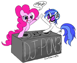 Size: 658x544 | Tagged: safe, artist:scootaloormayfly, dj pon-3, pinkie pie, vinyl scratch, earth pony, pony, unicorn, g4, blue hair, duo, glasses, headphones, signature, simple background, smiling, speech bubble, text, transparent background