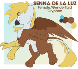 Size: 2306x2036 | Tagged: safe, artist:beardie, oc, oc only, oc:senna de la luz, griffon, eye clipping through hair, female, genderfluid, griffon oc, high res, partially open wings, paws, reference sheet, simple background, smiling, solo, wings