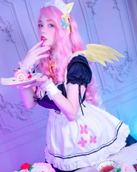 Size: 1080x1350 | Tagged: safe, fluttershy, human, g4, clothes, cosplay, costume, cutie mark on clothes, fluttermaid, irl, irl human, maid, photo, solo