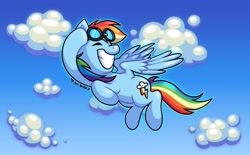 Size: 1172x725 | Tagged: safe, artist:beefgummies, rainbow dash, pegasus, pony, g4, blue sky, cloud, cute, dashabetes, eyes closed, female, flapping wings, flying, goggles, grin, outline, smiling, solo, teeth, windswept mane, wings