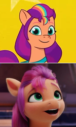 Size: 344x572 | Tagged: safe, edit, edited screencap, screencap, sunny starscout, earth pony, pony, g5, my little pony: a new generation, my little pony: tell your tale, 2d, 3d, awe, cgi, female, happy, looking at you, looking up, mane stripe sunny, mare, meme, multicolored hair, opinion, reaction, smiling, smiling at you