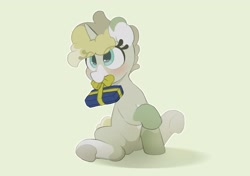 Size: 2064x1457 | Tagged: safe, artist:mochi_nation, oc, oc only, oc:flannel tea, pony, unicorn, blushing, coat markings, female, green background, mare, mouth hold, present, simple background, sitting, solo