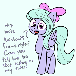 Size: 2000x2000 | Tagged: safe, artist:dafiltafish, flitter, pegasus, pony, g4, bow, dialogue, female, hair bow, high res, implied cloudchaser, implied lesbian, implied rainbow dash, looking at you, mare, simple background, talking to viewer, text