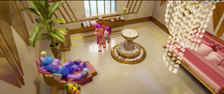 Size: 1917x803 | Tagged: safe, screencap, izzy moonbow, sunny starscout, earth pony, pony, unicorn, g5, my little pony: a new generation, spoiler:my little pony: a new generation, ball, bed, coconut cup, cucumber, dungeon, female, food, fountain, horn, hornball, izzy's tennis ball, mare, massage chair, tennis ball