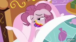 Size: 640x360 | Tagged: safe, screencap, pinkie pie, rainbow dash, earth pony, pegasus, pony, 28 pranks later, g4, season 6, animated, bed, blanket, cookie zombie, duo, female, floppy ears, gif, gifs.com, lying down, lying on bed, mare, on bed, open mouth, pillow, sugarcube corner