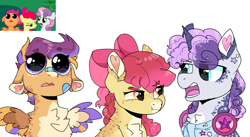 Size: 3745x2048 | Tagged: safe, artist:moccabliss, apple bloom, scootaloo, sweetie belle, earth pony, pegasus, pony, unicorn, g4, alternate design, bandaid, bandaid on nose, chest fluff, colored horn, colored wings, cutie mark crusaders, floppy ears, freckles, headphones, heart ears, high res, horn, multicolored wings, pale belly, redesign, scene interpretation, screencap reference, simple background, trio, white background, wings