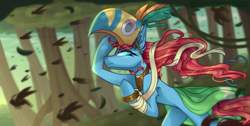 Size: 3500x1770 | Tagged: safe, artist:greenmaneheart, meadowbrook, bee, earth pony, flash bee, insect, pony, g4, forest, healer's mask, leaves, loose hair, mask, solo, tree, vine