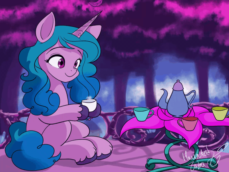 Size: 1280x960 | Tagged: safe, artist:hauntedtuba, izzy moonbow, pony, unicorn, g5, my little pony: a new generation, absurd file size, absurd gif size, animated, bracelet, cup, cute, eye shimmer, featured image, female, food, friendship bracelet, gif, happy, izzybetes, jewelry, leaves, lofi, mare, relax, relaxed, relaxed face, relaxing, sitting, smiling, solo, table, tea, tea kettle, tea party, tea set, tea time, teacup, unshorn fetlocks