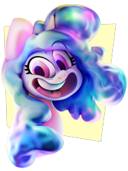 Size: 3078x4093 | Tagged: safe, artist:extradan, izzy moonbow, pony, unicorn, g5, my little pony: tell your tale, bust, looking at you, open mouth, open smile, simple background, smiling, solo, transparent background