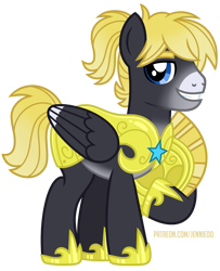 Size: 973x1200 | Tagged: safe, artist:jennieoo, oc, oc:crashing thunder, pegasus, pony, armor, happy, helmet, looking at you, male, ponytail, royal guard, show accurate, simple background, smiling, smiling at you, solo, stallion, transparent background, vector