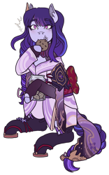 Size: 2000x3200 | Tagged: safe, artist:monnarcha, pony, clothes, commission, cookie, food, genshin impact, high res, ponified, raiden shogun (genshin impact), simple background, solo, transparent background