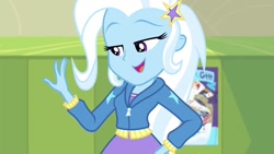 Size: 1280x720 | Tagged: safe, screencap, trixie, equestria girls, equestria girls specials, g4, my little pony equestria girls: better together, my little pony equestria girls: forgotten friendship, clothes, female, jacket, lockers, poster, skirt, solo