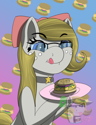 Size: 800x1040 | Tagged: safe, artist:gray star, derpibooru exclusive, oc, oc only, oc:gray star, bow, burger, choker, food, glasses, hair bow, hay burger, simple background