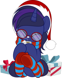 Size: 4021x5000 | Tagged: safe, artist:jhayarr23, oc, oc only, oc:shadow twinkle, pony, unicorn, christmas, clothes, commission, cute, glasses, hat, holiday, present, round glasses, santa hat, scarf, simple background, socks, solo, stockings, striped scarf, striped socks, thigh highs, transparent background, ych result