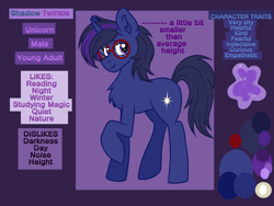 Size: 4608x3456 | Tagged: safe, artist:dreamy990, oc, oc only, oc:shadow twinkle, pony, unicorn, chest fluff, glasses, horn, male, reference sheet, round glasses, solo, unicorn oc