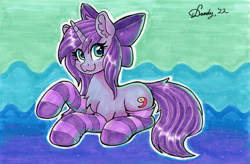 Size: 2684x1759 | Tagged: safe, artist:dandy, oc, oc only, oc:seafood dinner, pony, unicorn, :3, bow, chest fluff, clothes, copic, ear fluff, female, hair bow, horn, looking at you, lying down, socks, solo, stockings, striped socks, thigh highs, traditional art, unicorn oc