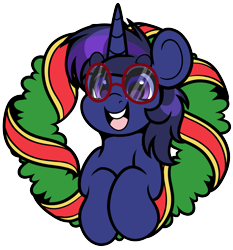 Size: 3553x3817 | Tagged: safe, artist:partypievt, oc, oc only, oc:shadow twinkle, pony, unicorn, christmas, christmas wreath, commission, glasses, high res, holiday, male, open mouth, open smile, round glasses, simple background, smiling, solo, transparent background, wreath, ych result