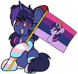 Size: 4000x3777 | Tagged: safe, artist:partypievt, twilight sparkle, oc, oc:shadow twinkle, pony, unicorn, g4, big crown thingy, bow, clothes, commission, element of magic, female, flag, glasses, hair bow, jewelry, open mouth, open smile, regalia, simple background, smiling, socks, solo, stockings, striped socks, thigh highs, trans female, transgender, transparent background, ych result