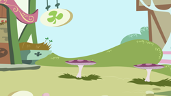 Size: 1920x1080 | Tagged: safe, artist:wissle, g4, magical mystery cure, .svg available, background, clover cafe, decoration, flower, grass, higher res at source, house, mushroom table, no pony, plant, ponyville, restaurant, svg, table, vector
