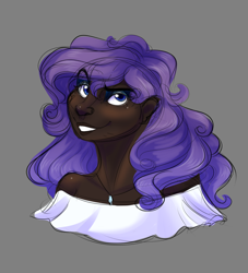 Size: 1000x1100 | Tagged: safe, artist:uunicornicc, rarity, human, g4, alternate hairstyle, clothes, dark skin, eyeshadow, februpony, female, gray background, grin, humanized, jewelry, makeup, necklace, shirt, simple background, smiling, solo